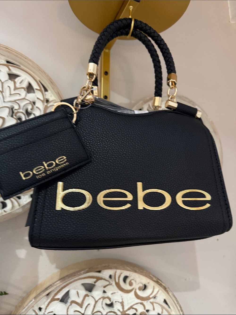 bebe Black Pebble Leather Satchel with Gold Logo and Braided Handles